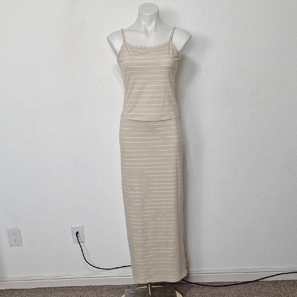 Stella Vintage Cream Striped Boho Coastal Top & Maxi Skirt Two Piece Set Size L